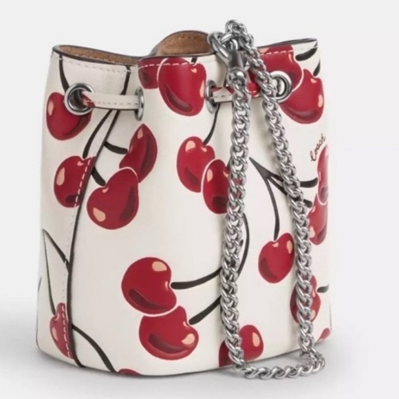NWT Coach Cream Leather Mini Bucket Bag with Red Cherry Print - Picture 4 of 15